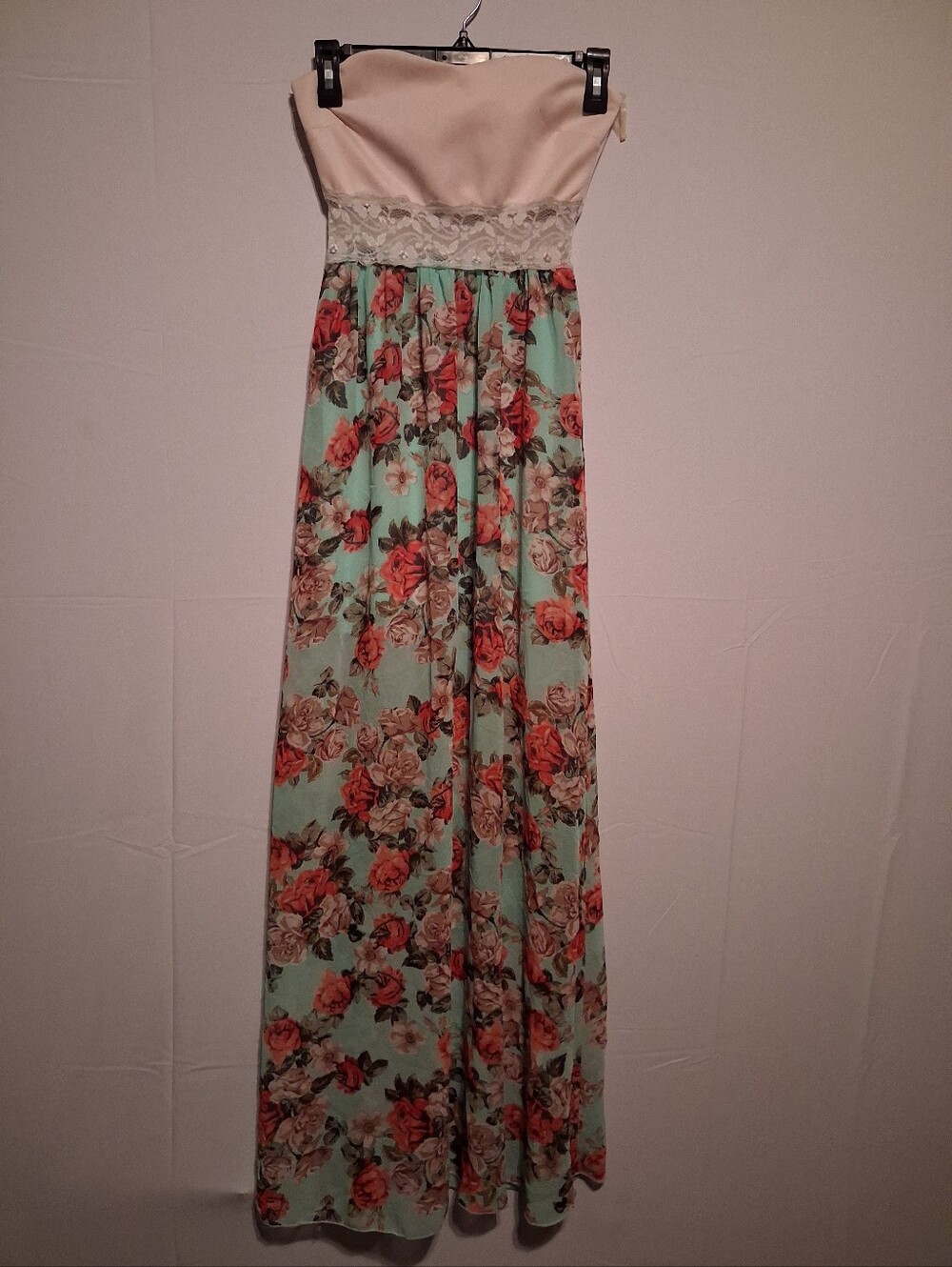 A'GACI Strapless Floral Maxi Dress Mint Green Lace Trim Rose Print
